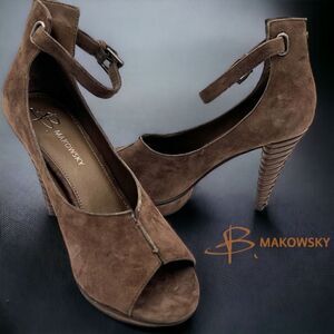 B. Makowsky Heels Women's 6M Brown Suede Leather Ankle Strap Open Toe Platform